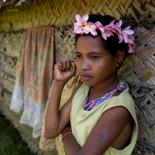 Portrait of a girl with flowers in the hair, Milne Bay Province, Trobriand Island, Papua New Guinea