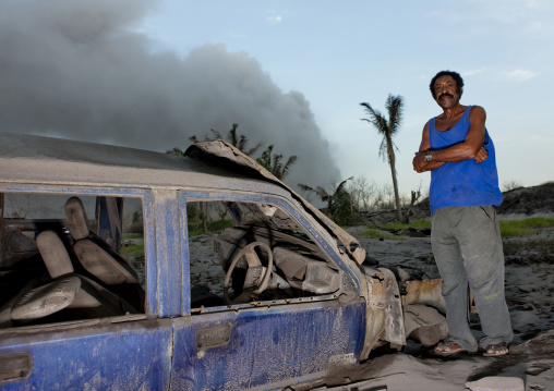 Mr jewakauckes in front of tavurvur volcano, East New Britain Province, Rabaul, Papua New Guinea