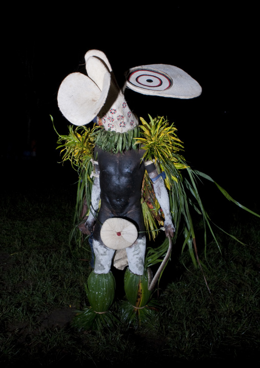 Dancer with a giant mask during a Baining tribe fire dance, East New Britain Province, Rabaul, Papua New Guinea