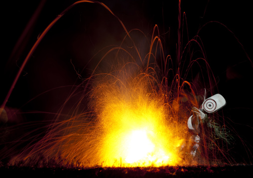 Dancer with a giant mask during a Baining tribe fire dance, East New Britain Province, Rabaul, Papua New Guinea