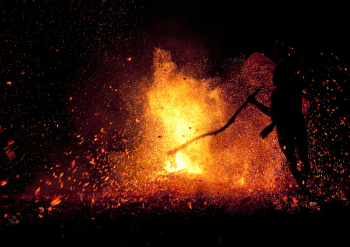 Dancer with a giant mask during a Baining tribe fire dance, East New Britain Province, Rabaul, Papua New Guinea