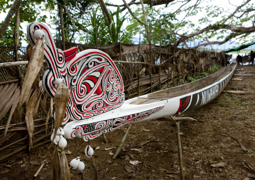 Traditional canoe with carved and painted decorations, Milne Bay Province, Alotau, Papua New Guinea