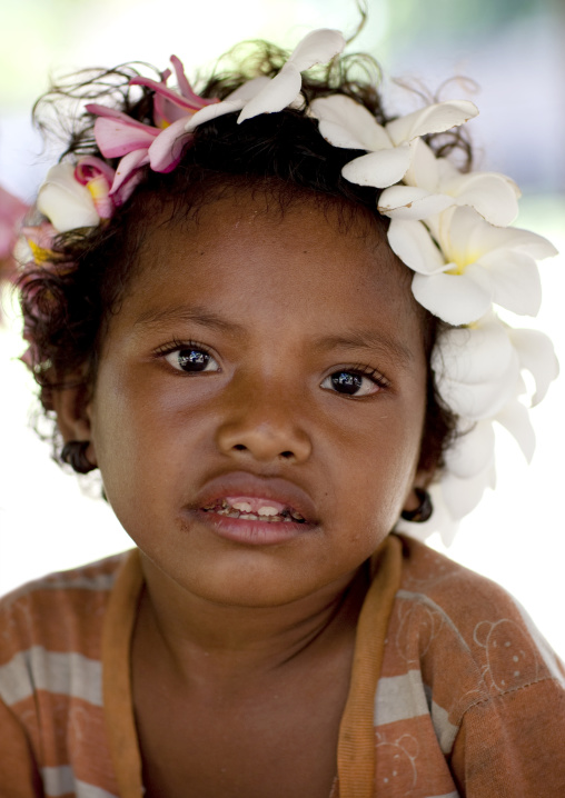 Portrait of a girl with flowers in the hair, Milne Bay Province, Trobriand Island, Papua New Guinea