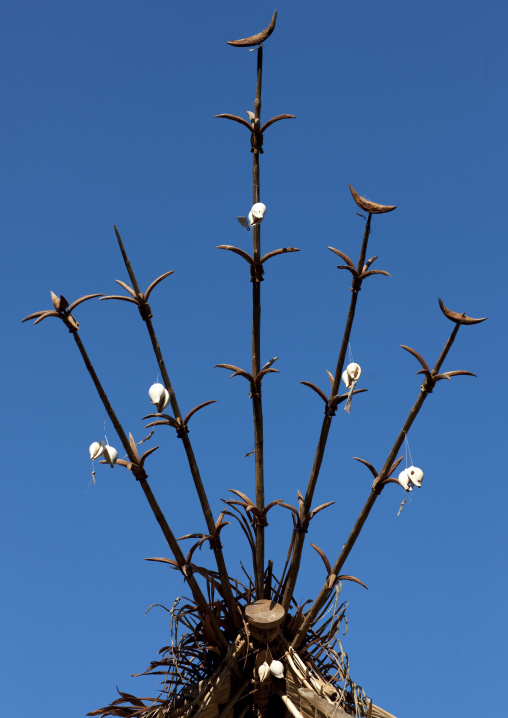 Decorated top of a house in a village to store the yam roots, Milne Bay Province, Trobriand Island, Papua New Guinea