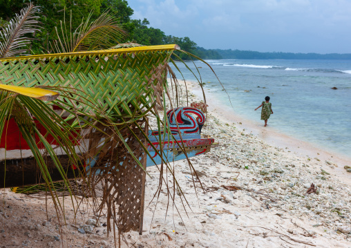 Traditional canoe with carved and painted decorations, Milne Bay Province, Trobriand Island, Papua New Guinea