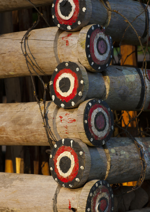 Decorations of a yam house in a village to store the roots, Milne Bay Province, Trobriand Island, Papua New Guinea