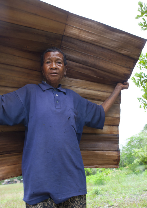 Old woman with a vegetal umbrealla, Milne Bay Province, Trobriand Island, Papua New Guinea