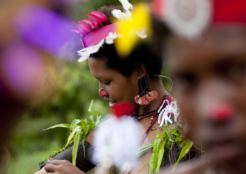 Tribal women with traditional clothing during a ceremony, Milne Bay Province, Trobriand Island, Papua New Guinea