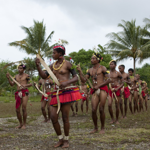 Tribal dancers in traditional clothing during a sing-sing, Milne Bay Province, Trobriand Island, Papua New Guinea