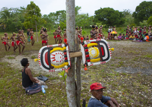 Malangan hanging on a tree during a ceremony, Milne Bay Province, Trobriand Island, Papua New Guinea