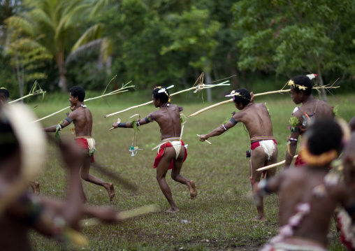 Tribal dancers in traditional clothing during a sing-sing, Milne Bay Province, Trobriand Island, Papua New Guinea