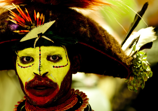 Portrait of a Huli tribe wigmen in traditional clothing during a sing-sing, Western Highlands Province, Mount Hagen, Papua New Guinea