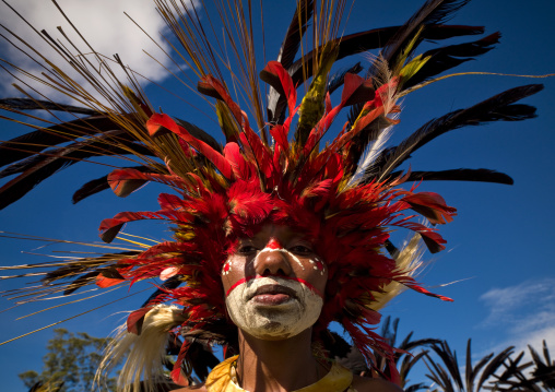 Portrait of a Chimbu tribe woman with headdress made of feathers during a Sing-sing, Western Highlands Province, Mount Hagen, Papua New Guinea