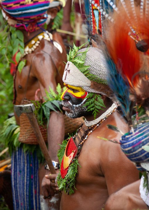 Highlander warriors with traditional clothing during a sing-sing, Western Highlands Province, Mount Hagen, Papua New Guinea