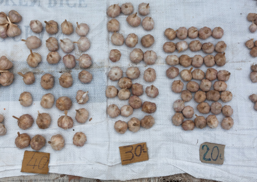 Bundles of garlic for sale in a market, Eastern Highlands Province, Goroka, Papua New Guinea