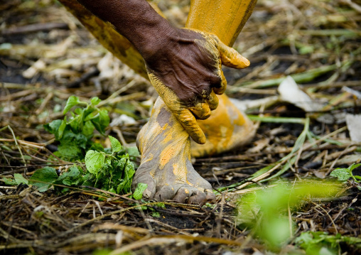 Chimbu tribeman putting yellow clay on his feet during a sing-sing, Western Highlands Province, Mount Hagen, Papua New Guinea