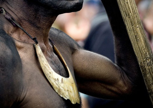 Chimbu tribe man with a shell decoration during a Sing-sing ceremony, Western Highlands Province, Mount Hagen, Papua New Guinea