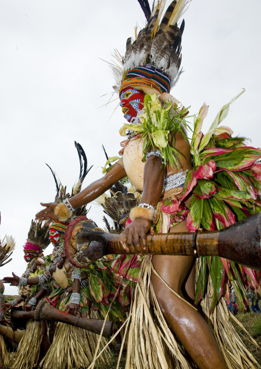 Highlander women with drums in traditional clothing during a sing-sing, Western Highlands Province, Mount Hagen, Papua New Guinea