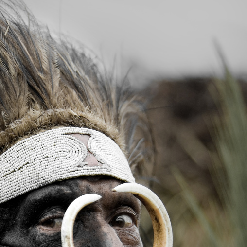 Half face of a whagi tribe man during a sing sing, Western Highlands Province, Mount Hagen, Papua New Guinea