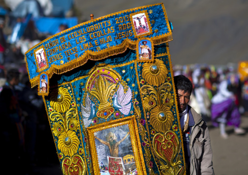 Devotee With Embroidered Banner During Qoyllur Riti Festival, Ocongate Cuzco, Peru