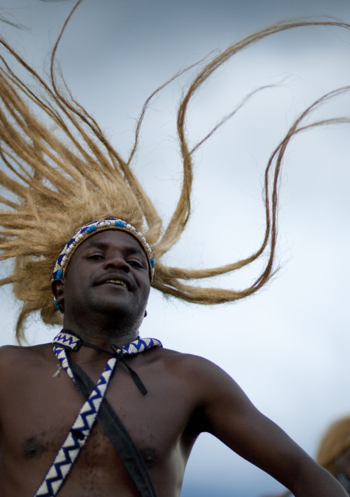 Traditional intore dancer during a folklore event in a village of former hunters, Lake Kivu, Ibwiwachu, Rwanda