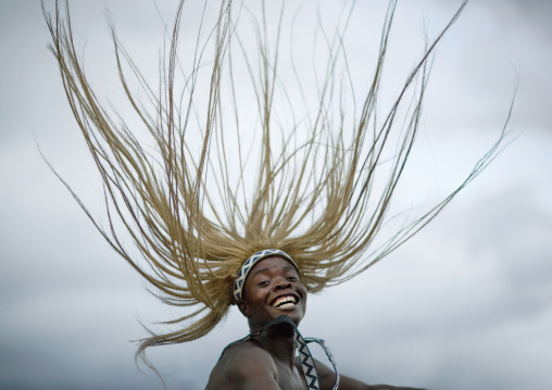 Traditional intore dancer during a folklore event in a village of former hunters, Lake Kivu, Ibwiwachu, Rwanda