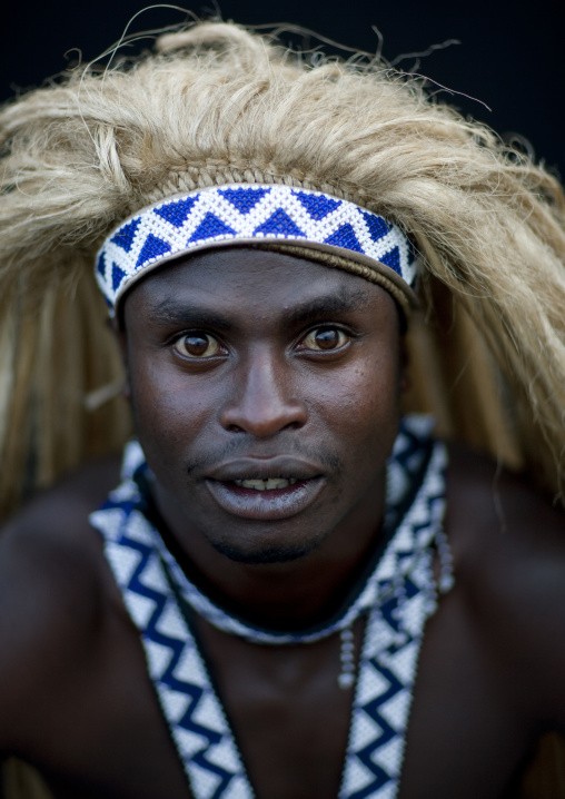 Traditional intore dancer with a headwear, Lake Kivu, Ibwiwachu, Rwanda