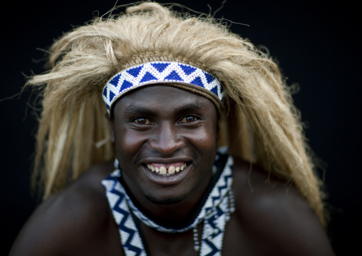 Traditional intore dancer with a headwear, Lake Kivu, Ibwiwachu, Rwanda