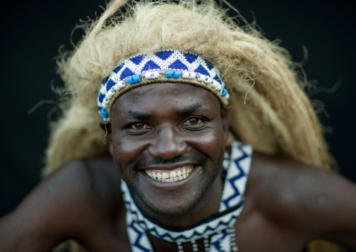 Traditional intore dancer with a headwear, Lake Kivu, Ibwiwachu, Rwanda