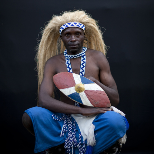 Traditional intore dancer with a headwear, Lake Kivu, Ibwiwachu, Rwanda