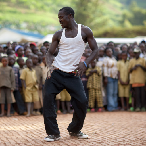 Rwandan hip hop dancer performing in a village, Kigali Province, Nyirangarama, Rwanda