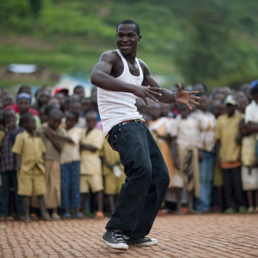 Rwandan hip hop dancer performing in a village, Kigali Province, Nyirangarama, Rwanda