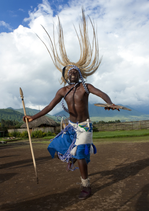 Traditional intore dancer during a folklore event in a village of former hunters, Lake Kivu, Ibwiwachu, Rwanda