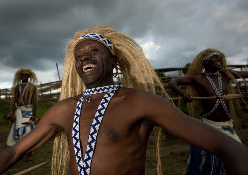 Traditional intore dancers during a folklore event in a village of former hunters, Lake Kivu, Ibwiwachu, Rwanda