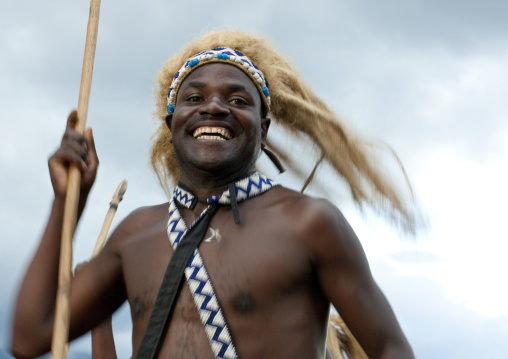 Traditional intore dancer during a folklore event in a village of former hunters, Lake Kivu, Ibwiwachu, Rwanda