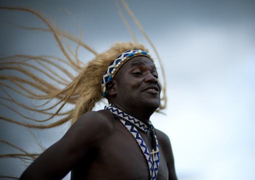 Traditional intore dancer during a folklore event in a village of former hunters, Lake Kivu, Ibwiwachu, Rwanda