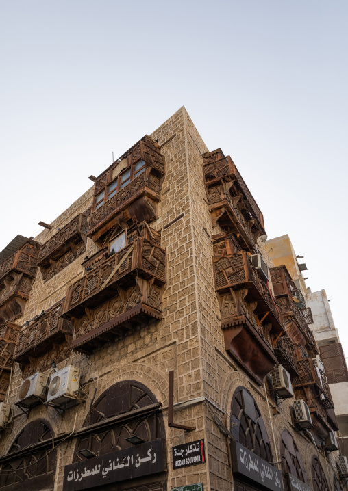 Old historic house with wooden mashrabiya in al-Balad quarter, Mecca province, Jeddah, Saudi Arabia