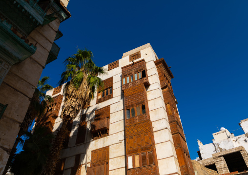 Historic house with wooden mashrabiyas in al-Balad quarter, Mecca province, Jeddah, Saudi Arabia