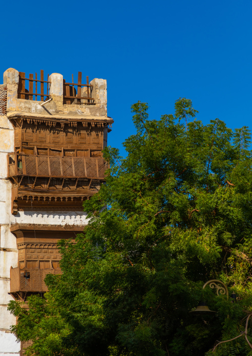 Historic house with wooden mashrabiyas in al-Balad quarter, Mecca province, Jeddah, Saudi Arabia