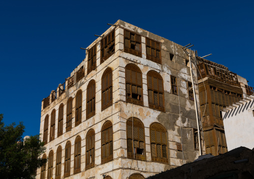 Historic house with wooden mashrabiyas in al-Balad quarter, Mecca province, Jeddah, Saudi Arabia