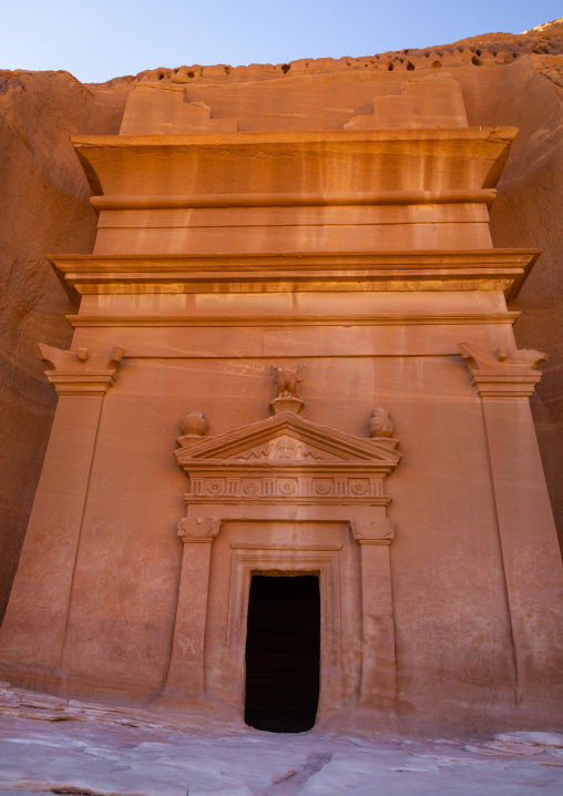 Nabataean tomb in al-Hijr archaeological site in Madain Saleh, Al Madinah Province, Alula, Saudi Arabia