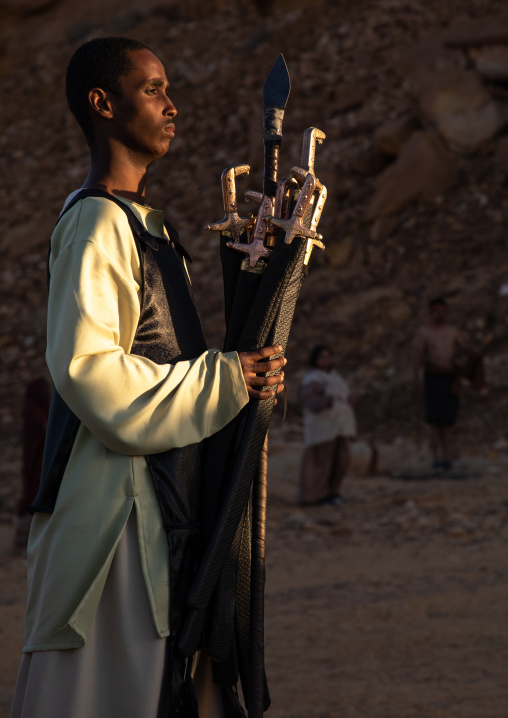 Saudi actor during an historical play in an open air theater in Madain Saleh, Al Madinah Province, Alula, Saudi Arabia