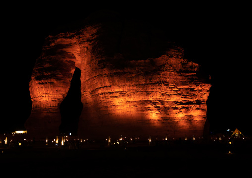 Elephant rock in Madain Saleh archaeologic site during winter at Tantora festival, Al Madinah Province, Alula, Saudi Arabia