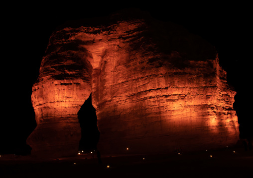 Elephant rock in Madain Saleh archaeologic site during winter at Tantora festival, Al Madinah Province, Alula, Saudi Arabia