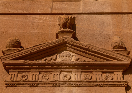 Top of the entrance of a tomb in al-Hijr archaeological site in Madain Saleh, Al Madinah Province, Alula, Saudi Arabia