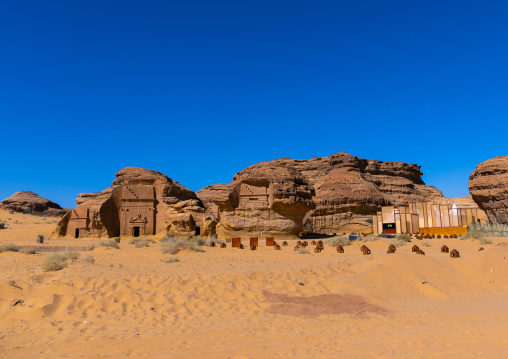 Restaurant in the middle of nabataean tombs in Madain Saleh for Tantora festival, Alula, Saudi Arabia