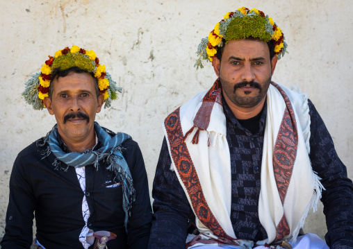 Portrait of a flower men wearing a floral crown on the head, Jizan province, Addayer, Saudi Arabia