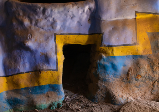 Al-qatt al-asiri traditionally female interior wall decoration in an abandonned house, Asir province, Dahran Aljanub, Saudi Arabia