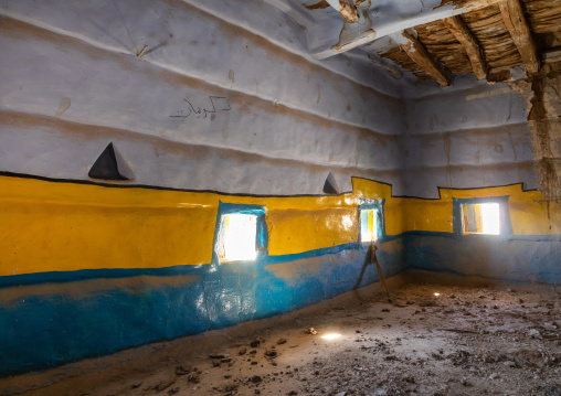 Al-qatt al-asiri traditionally female interior wall decoration in an abandonned house, Asir province, Dahran Aljanub, Saudi Arabia