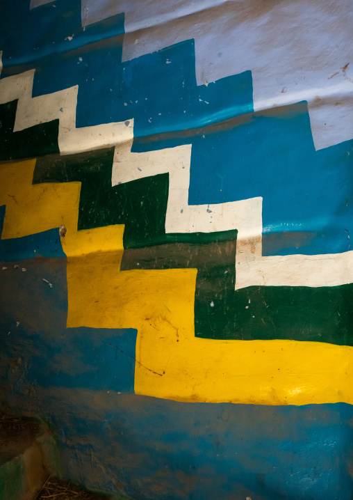 Colorful painted stairs in a traditional mud house, Asir province, Dahran Aljanub, Saudi Arabia